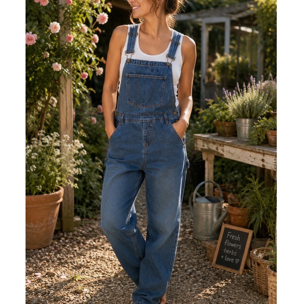 Hisea Womens Blue Denim Bib Overalls Medium Wash Cotton Straight Leg Size L